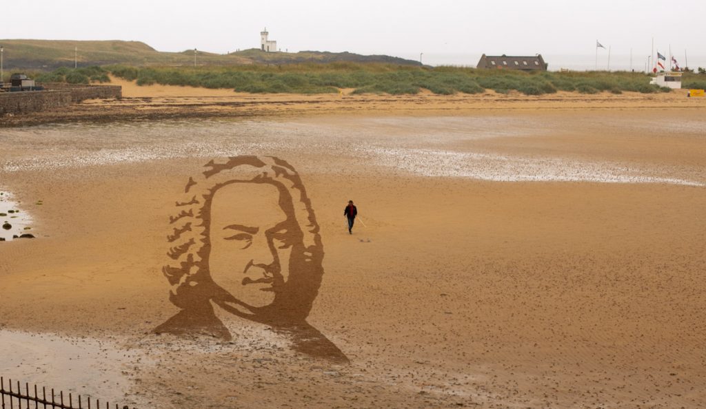 Anamorphic Sand Drawing in Scotland of Bach