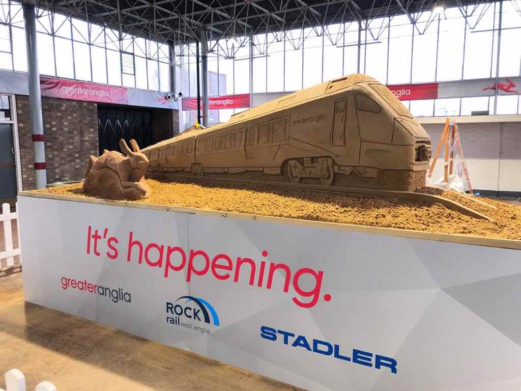 All aboard the Greater Anglia sand sculpture train!