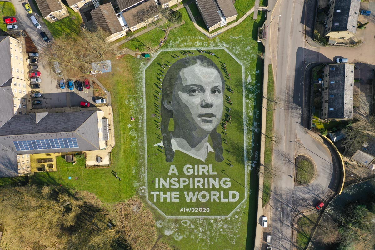 A Girl Inspiring the World – 60m Land Art Portrait of Greta Thunberg for International Women’s Day.